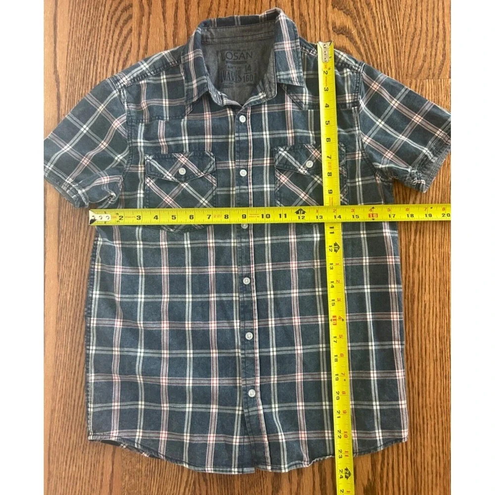LOSAN Boys Plaid Button Up Shirt Size 14 160 Short Sleeve Blue Check Casual Top